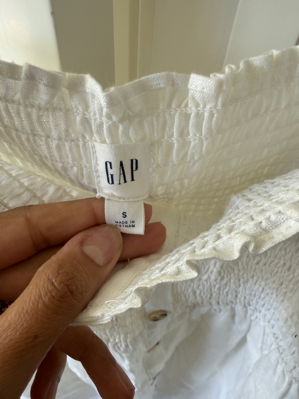 GAP White Button-Front Linen Midi Dress with Smocked Bodice - Picture 2 of 8
